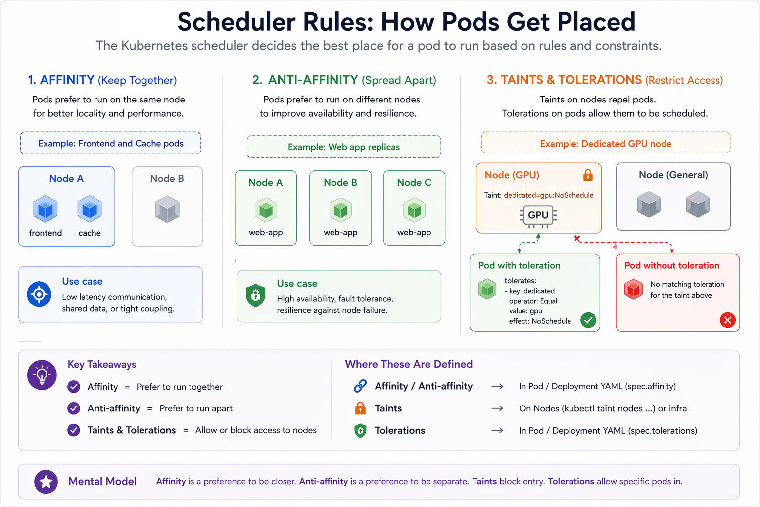 Scheduler rules diagram showing pod affinity placing related workloads together, anti-affinity spreading replicas apart, and taints with tolerations restricting node access.